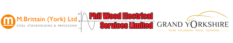Logos of M. Brittain (York) Ltd, Phil Wood Electrical Services Limited, and Grand Yorkshire, showcasing company names and services.